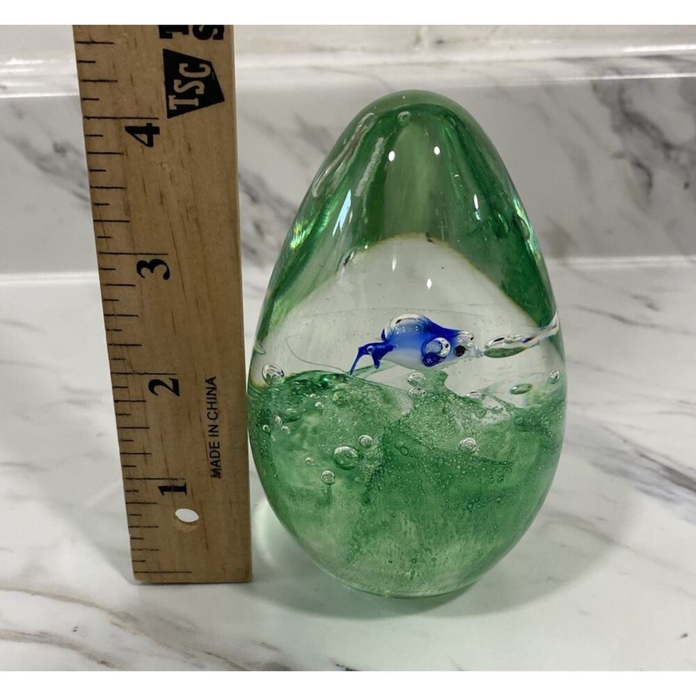 Hand Blown Art Glass Aquarium Fish Paperweight Green Bubble Egg Sculpture